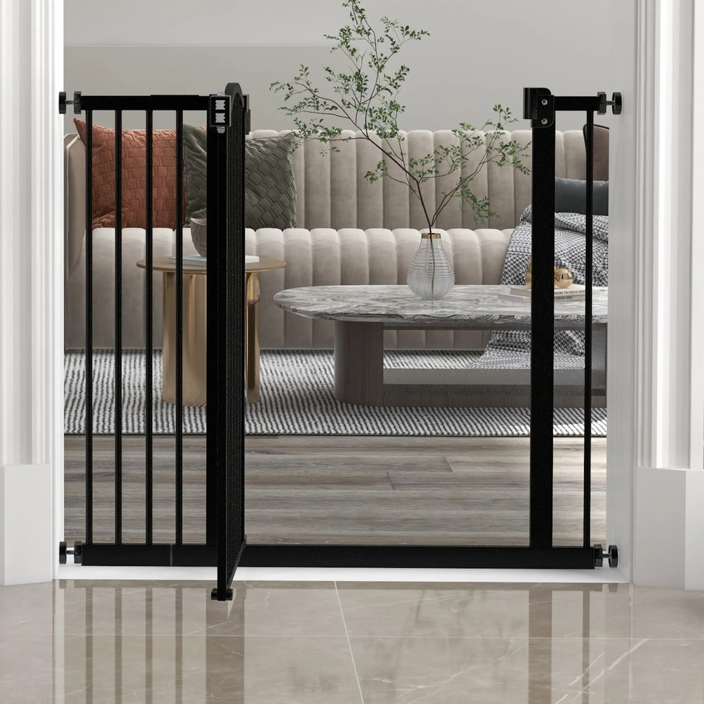 Barreira de Segurança para Cães com Largura Ajustável 74-94 cm e Extensão para Escadas e Portas Preto