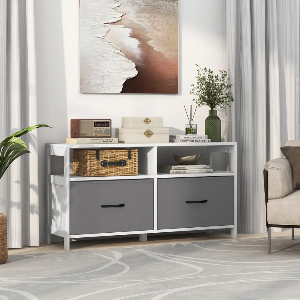 Armario com 2 gavetas Armário para TV até 45" com 2 Estantes abertas e Recipientes para Panos para Quarto Sala de Estar Quarto Branco