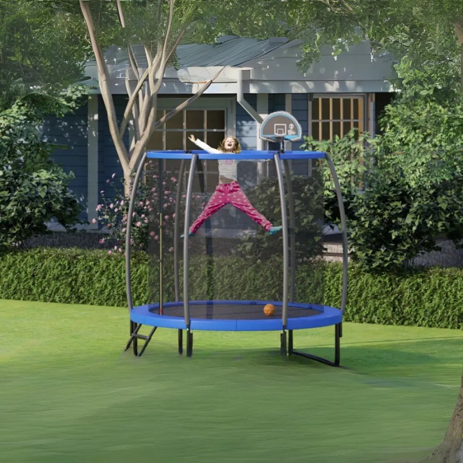 Trampolim ao ar livre 245 cm com cesto de basquetebol, almofada de segurança e escada para crianças e adultos azul e preto