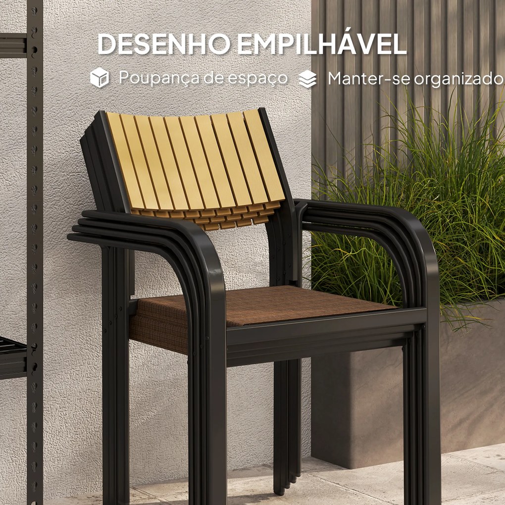 Conjunto de 4 Cadeiras de Jardim Empilháveis Cadeiras de Jantar com Tecido Transpirável Apoios de Braço 58x65x85 cm Castanho