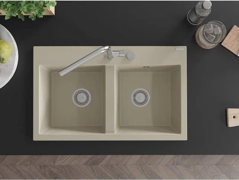 Mexen Hektor lava-loiça de granito de 2 cubas 800 x 480 mm, bege, sifão cromado - 6521802000-69