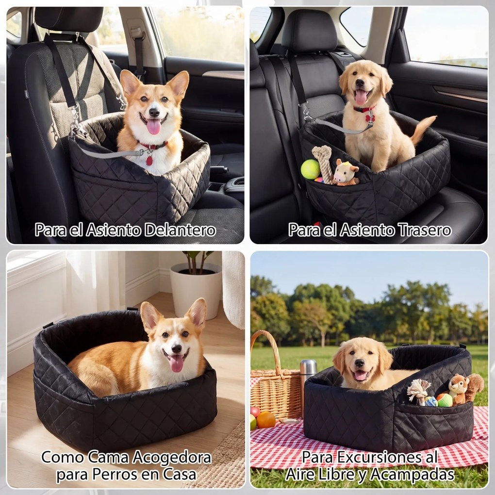 Transportadora de cães para Carro, 50 x 46 x 30 cm, Com Trela de Segurança, Preto