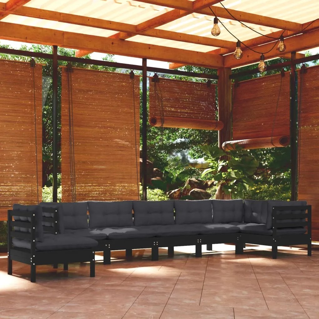 vidaXL 8 pcs conjunto lounge jardim c/ almofadões pinho maciço preto