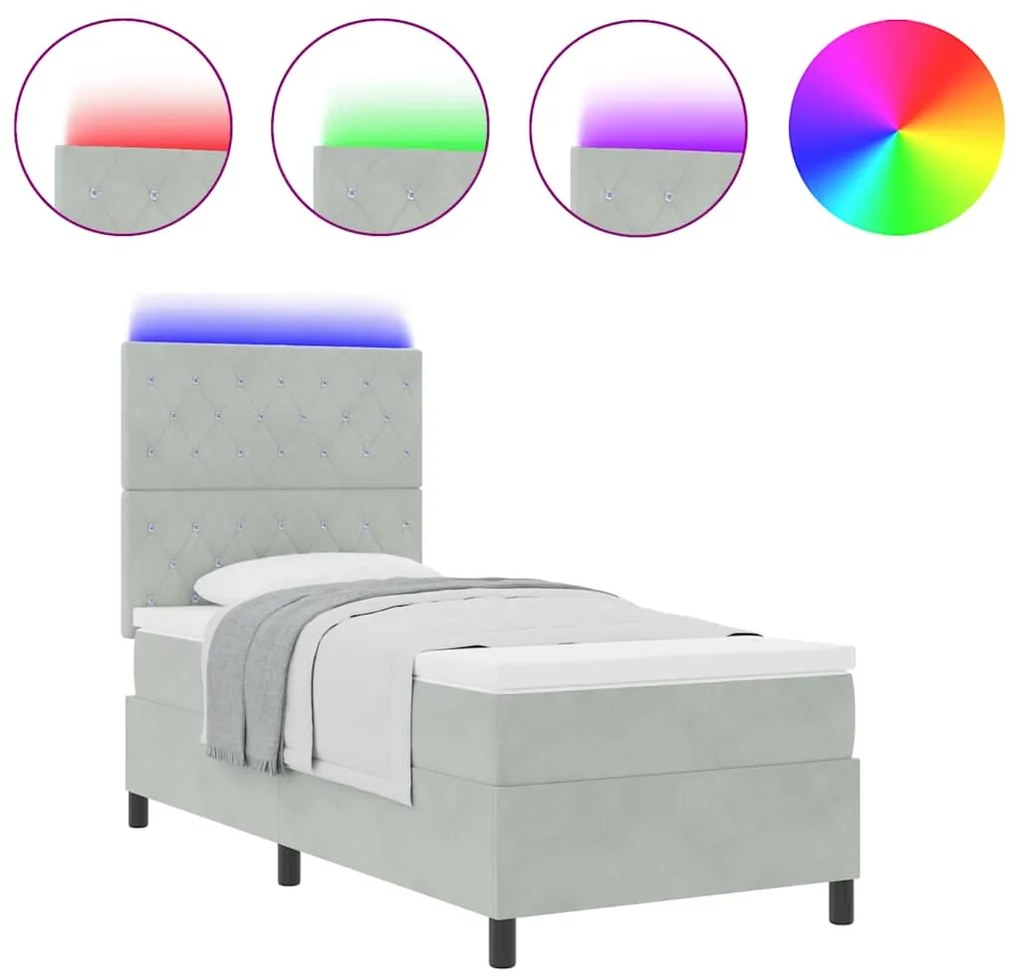 Cama Box com Colchão &amp; Luz LED Cinza Claro 100x200 cm Veludo