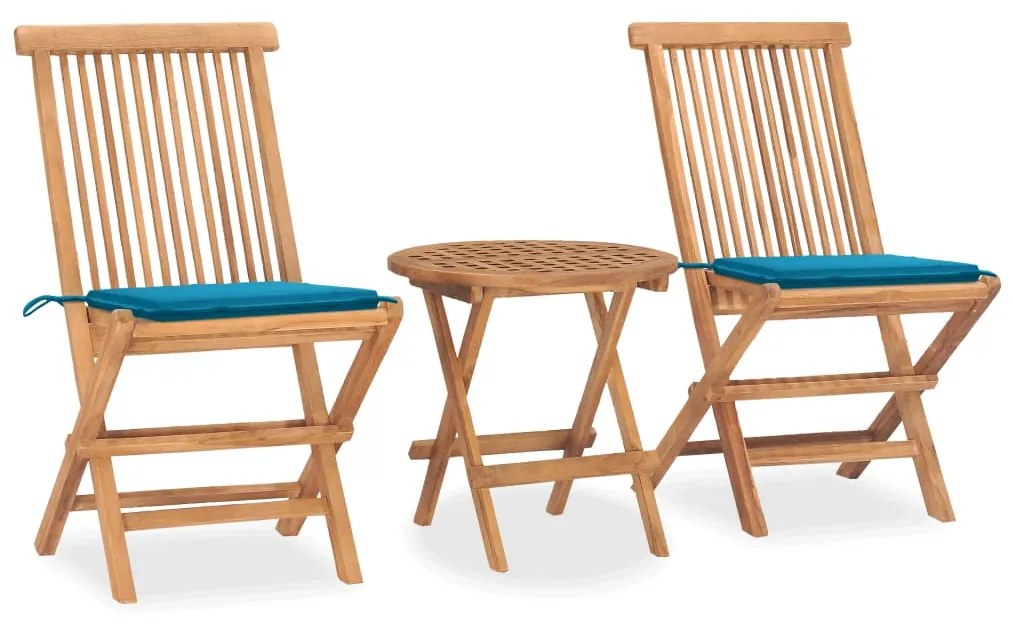 vidaXL 3 pcs conj. jantar dobrável exterior c/ almofadão teca maciça