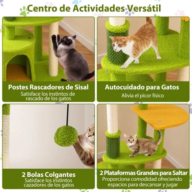 Arranhador para gatos com 122 cm de altura com vários níveis e folhas artificiais com Postes para arranhar de sisal  Verde e Laranja