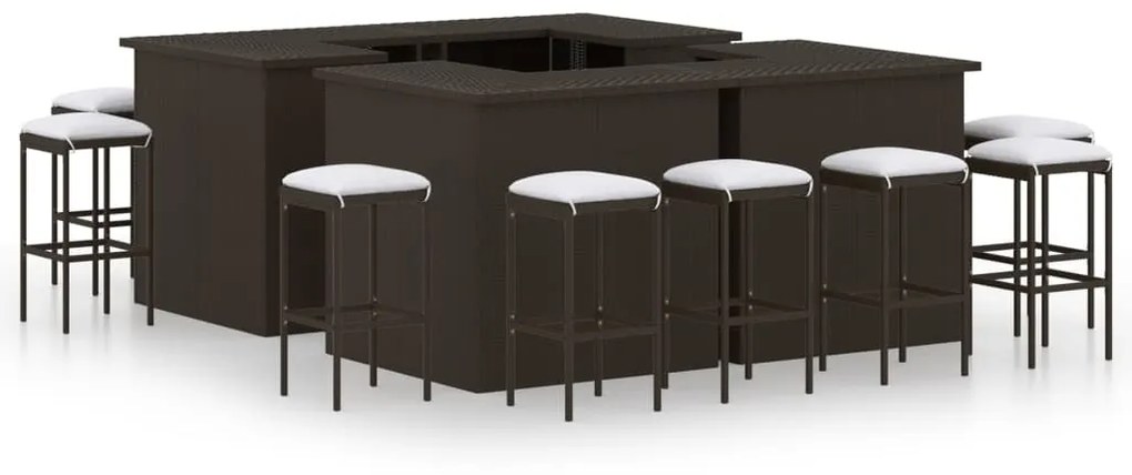 vidaXL 16pcs conjunto de bar p/ jardim com almofadões vime PE castanho