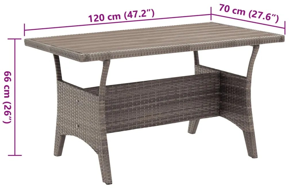 Mesa de jardim 120x70x66 cm vime PE cinzento