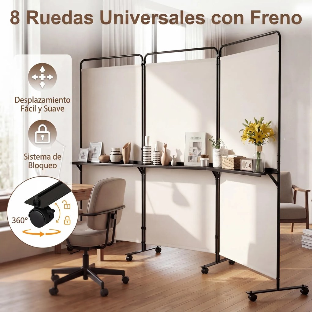 Biombo Dobrável de 3 Painéis, 259 x 44 x 188 cm, 8 Rodas com Travão, Branco