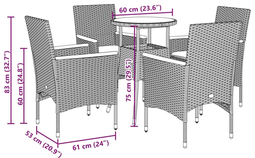 5 pcs conjunto jantar jardim c/ almofadões vime PE/acácia cinza