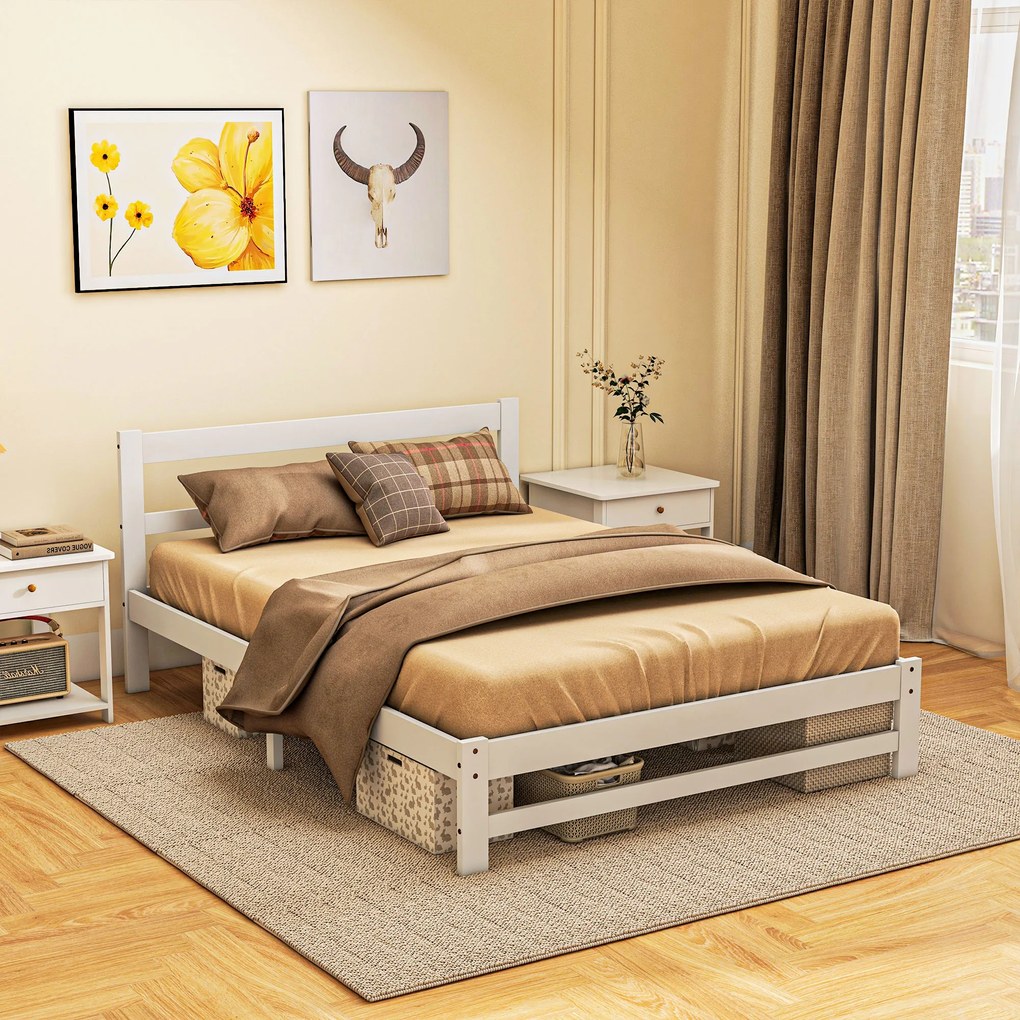 Estrutura de Cama de Madeira Estrado de Cama de Casal para Colchão 190x135 cm Carga 300 kg 195x141x80 cm Branco