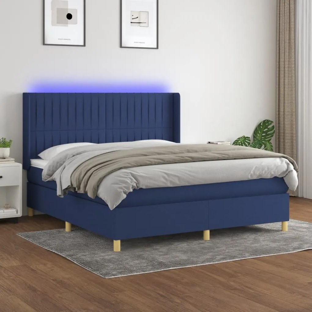 Cama box spring c/ colchão e LED 180x200 cm tecido azul