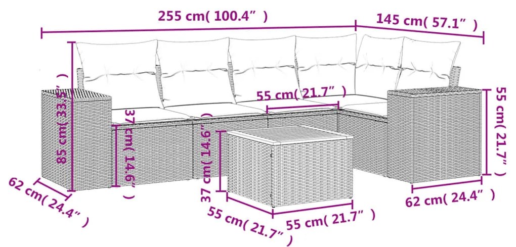 6 pcs conjunto sofás de jardim com almofadões vime cinzento