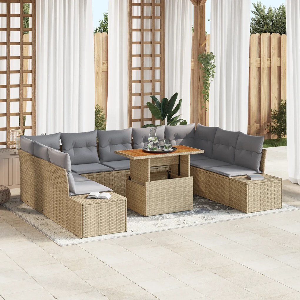 Conjunto de Sofá de Jardim de 10 Peças com Almofadas Bege Rattan Polié