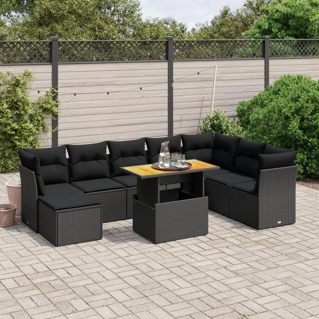 vidaXL 9 pcs conjunto de sofás p/ jardim c/ almofadões vime PE preto