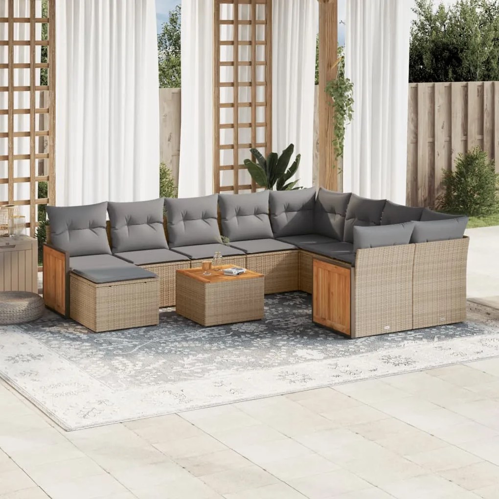 vidaXL 11 pcs conjunto sofás de jardim c/ almofadões vime PE bege