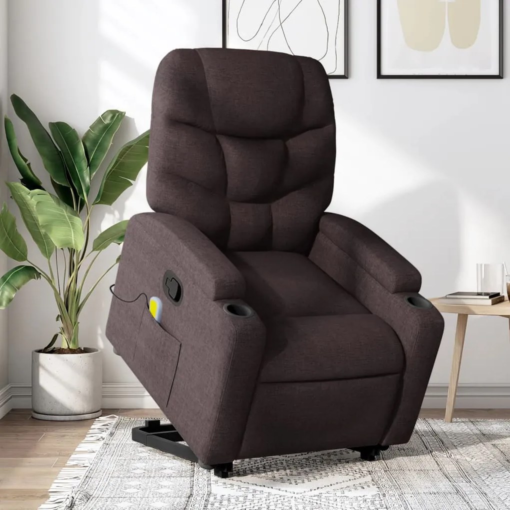 vidaXL Poltrona massagens reclinável elevatória tecido castanho-escuro