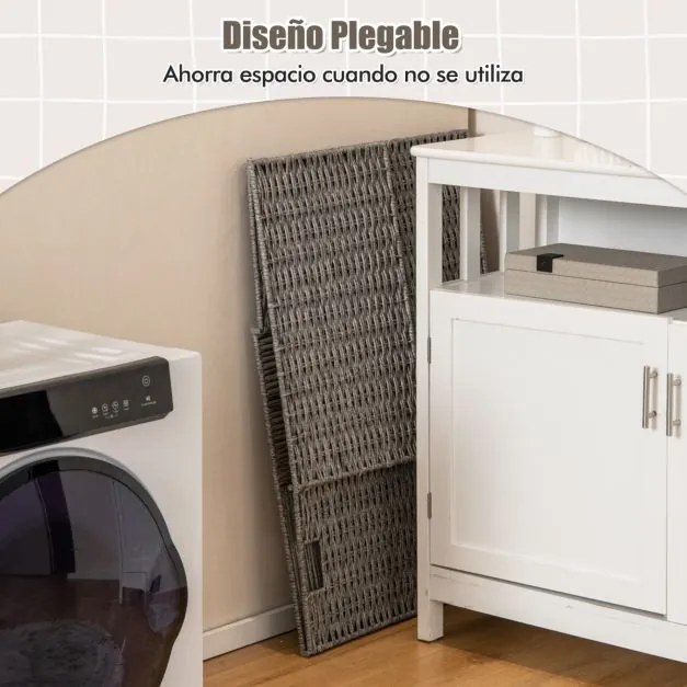 Cesto para roupa suja dobrável em rattan 110 L  com tampa e pegas práticas Saco com forro amovível Saco para roupa suja Casa de banho Cinzento