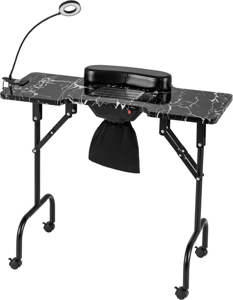 Mesa de manicure dobrável com aspirador de pó elétrico Luz LED 4 rodas com travão 90 x 40 x 77 cm Preta