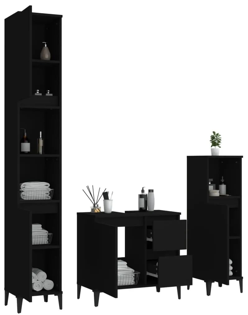 3 pcs conjunto móveis casa de banho derivados de madeira preto