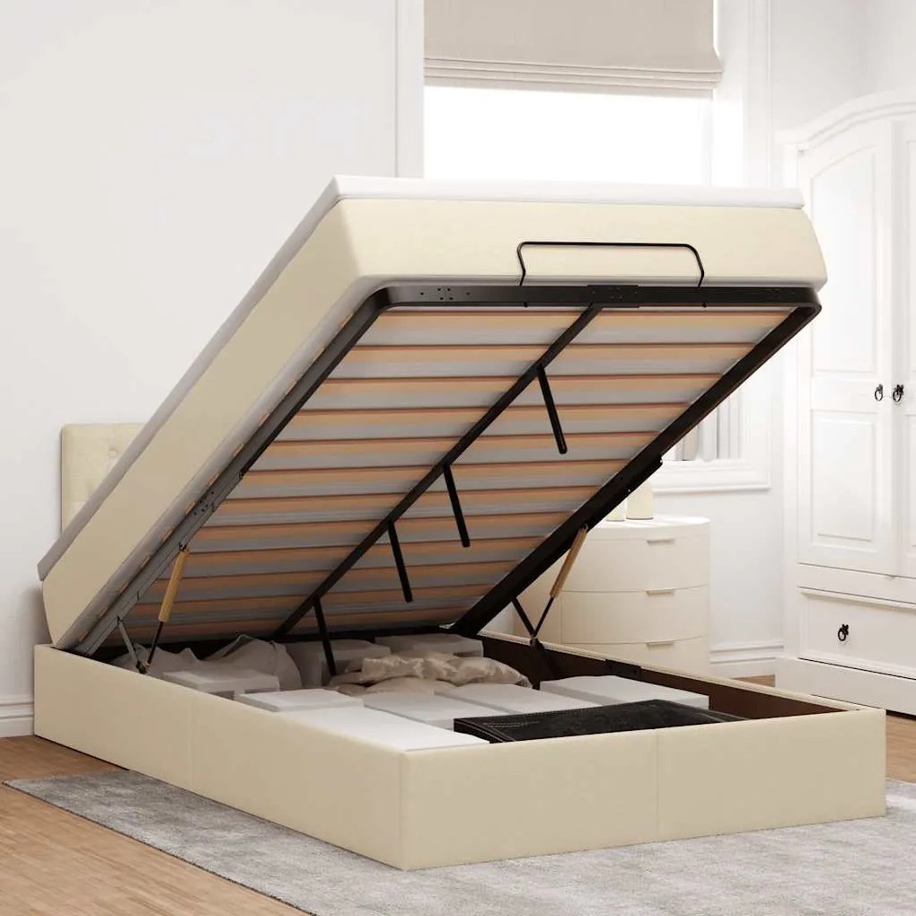 vidaXL Estrutura de cama otomana com colchão 120x190 cm tecido creme
