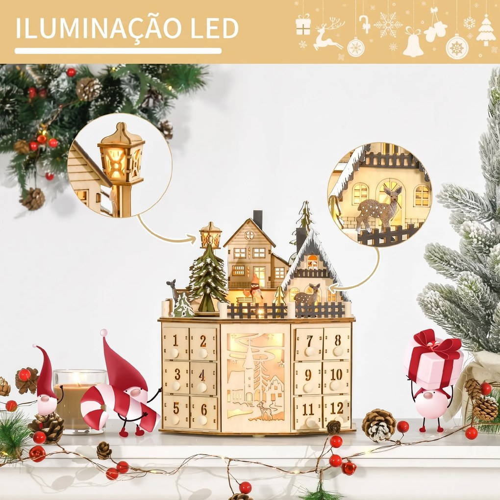 Calendário do Advento de Natal em Madeira Reutilizável com Luzes LED 24 Gavetas Cena de Aldeia 25x20x29 cm Natural