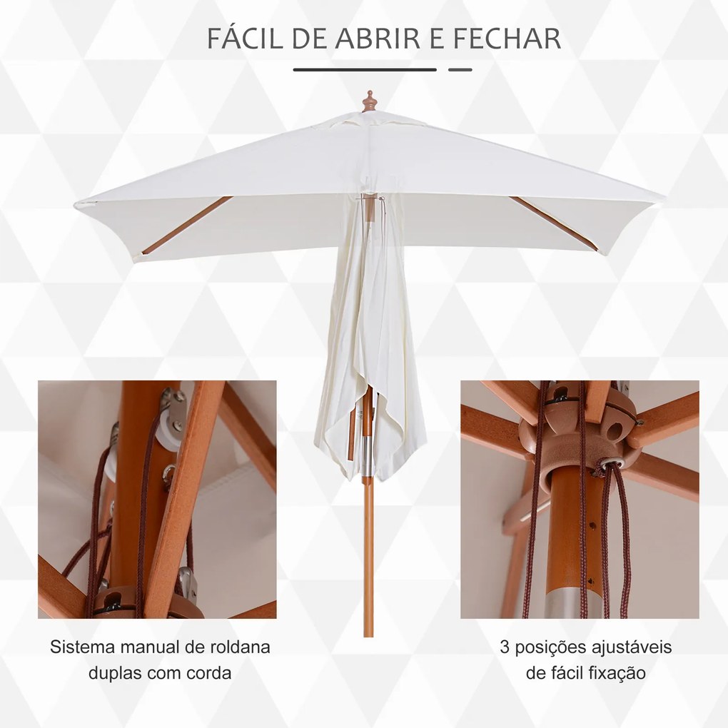 Chapéu de Sol de Jardim 200x150x230cm Chapéu de Sol Retangular Inclinável com Polia Duplo Teto e Mastro Desmontável de Madeira para Terraço Pátio Crem