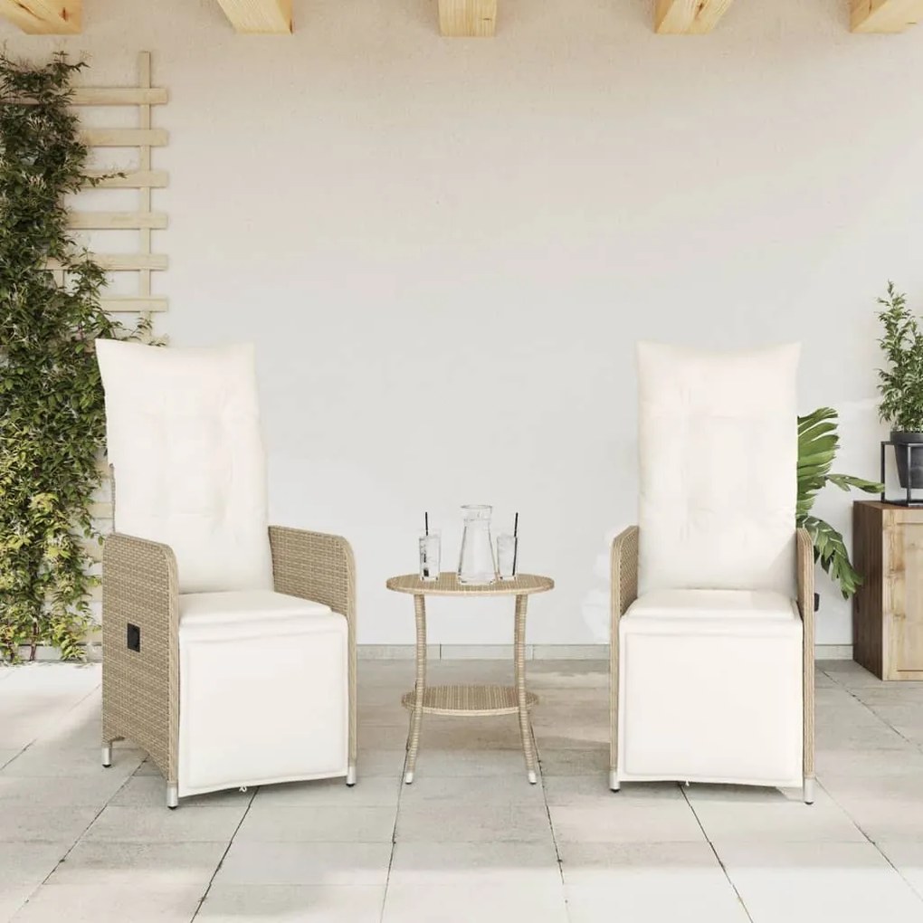 Cadeiras de jardim reclináveis 2 pcs c/ almofadões vime PE bege