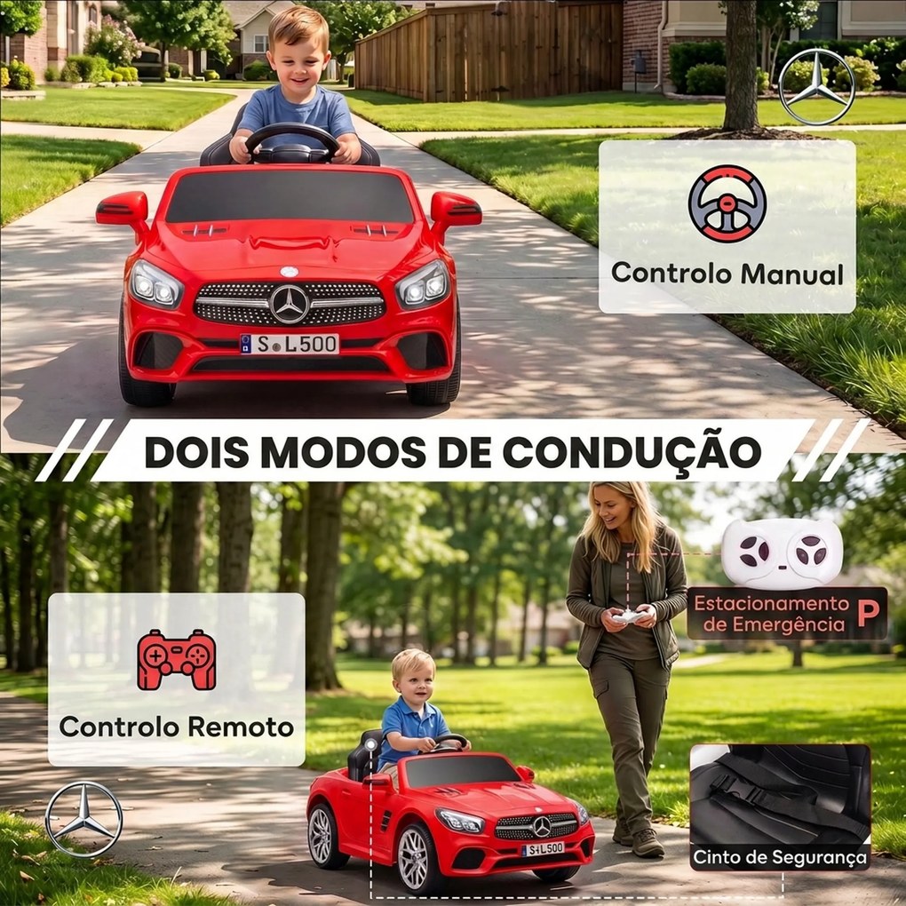 Carro Elétrico Infantil Mercedes-Benz SL500 12V Vermelho com Comando à Distância, 2 Motores e Suspensão