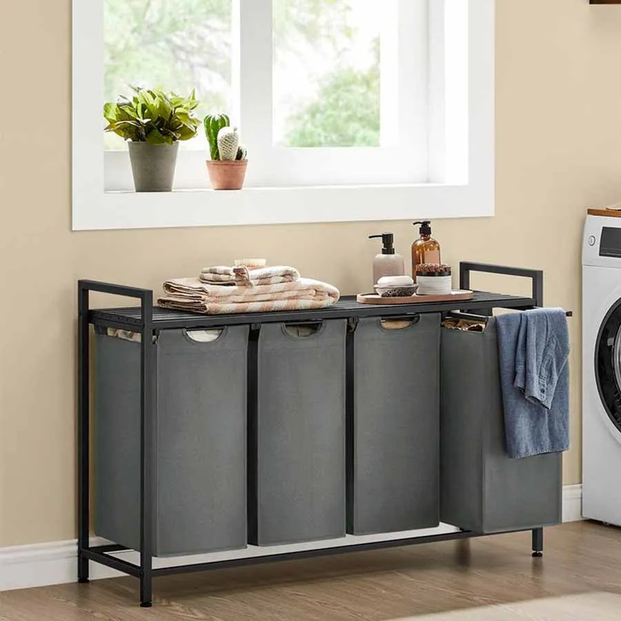 Cesto para roupa suja 4 compartimentos 160 litros (40 litros por compartimento) com prateleira preto-cinzento
