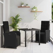 vidaXL Conjunto de Jantar de Jardim em 3 Peças com Almofadas Preto de Rattan Sintético