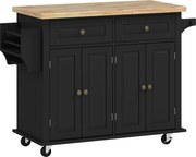 HOMCOM Ilha de Cozinha com Rodas 2 Gavetas 4 Portas Suporte para Temperos e Barra Lateral 111x44,5x82,5 cm Preto e Madeira | Aosom Portugal