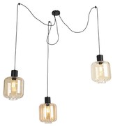 Candeeiro de suspensão design preto com vidro âmbar 3 luzes 226 cm - Qara Design
