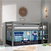Cama alta de Criança PINO 90 x 200 cm + estrado + escada + cortina Policia Cinzenta