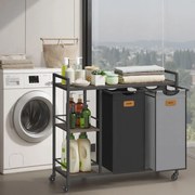 Carrinho para roupa suja com 2 compartimentos e arrumação 87 x 33 x 80,5 cm castanho + preto + cinzento