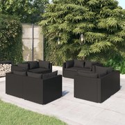 8 pcs conjunto lounge de jardim c/ almofadões vime PE preto