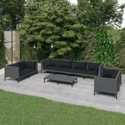 9 pcs conj. lounge jardim c/ almofadões vime PE cinza-escuro