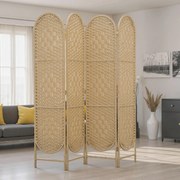 Biombo Separador de 4 Painéis 160x170 cm Painel de Privacidade Dobrável Boémio com Topo Arqueado Entrançado à Mão Madeira