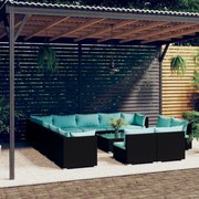 vidaXL 14 pcs conjunto lounge de jardim c/ almofadões vime PE preto