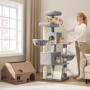 Arranhador para gatos de 55 x 55 x 174 cm com plataforma grande e cavidade dupla, cinzento