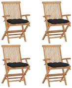 vidaXL Cadeiras de jardim c/ almofadões pretos 4 pcs teca maciça