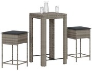 vidaXL 3 pcs conjunto de bar p/ jardim c/ almofadões vime PE cinzento