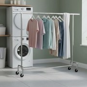Cabide guarda roupa com rodas 45 x (160-200) x 162,9 cm, barra extensível, capacidade de carga até 110 kg prateado