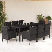 9 pcs conjunto de jantar p/ jardim c/ almofadões vime PE preto