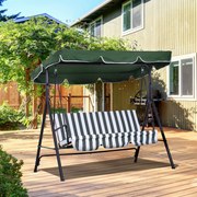 Baloiço de Jardim de 3 Lugares com Almofada Toldo Ajustável e Estrutura de Aço para Balcão Terraço 172x110x153 cm Verde