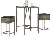 vidaXL 3 pcs conjunto de bar p/ jardim c/ almofadões vime PE cinzento