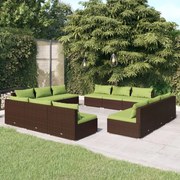 12 pcs conjunto lounge jardim c/ almofadões vime PE castanho