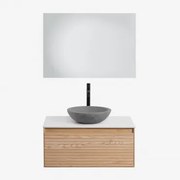 Conjunto De Móvel De Casa De Banho Suspenso Em Madeira De Freixo Tedrik Castanho Fresno & Cimento Cinzento Redondo Ø40 Cm Tarsis & Led - Sklum