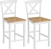 HOMCOM Conjunto de 2 banquetas com encosto e apoio para pés, madeira de seringueira, para cozinha, sala de jantar, bar, Carvalho+Branco | Aosom Portugal