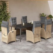 vidaXL 7 pcs conjunto de jantar p/ jardim com almofadões vime PE bege